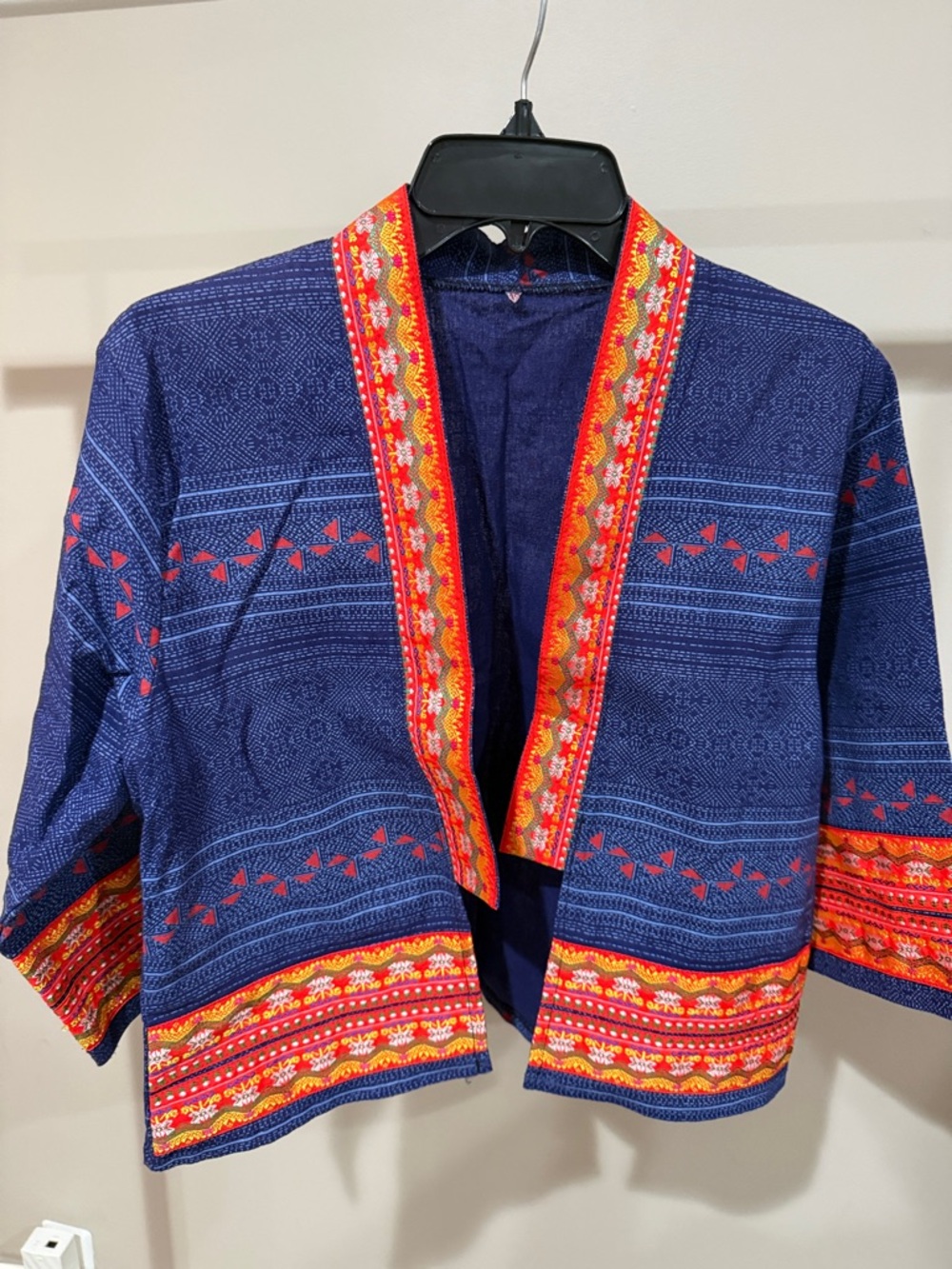 Thai Navy Open-Front Embroidered Boho Jacket with Red Trim